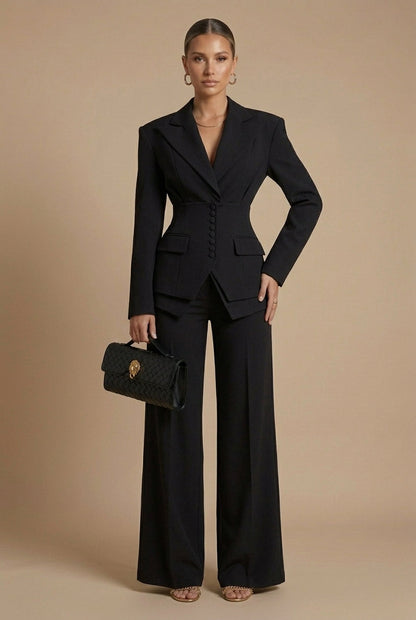 Women's tailored two-piece suit with peaked lapel jacket and wide-leg trousers