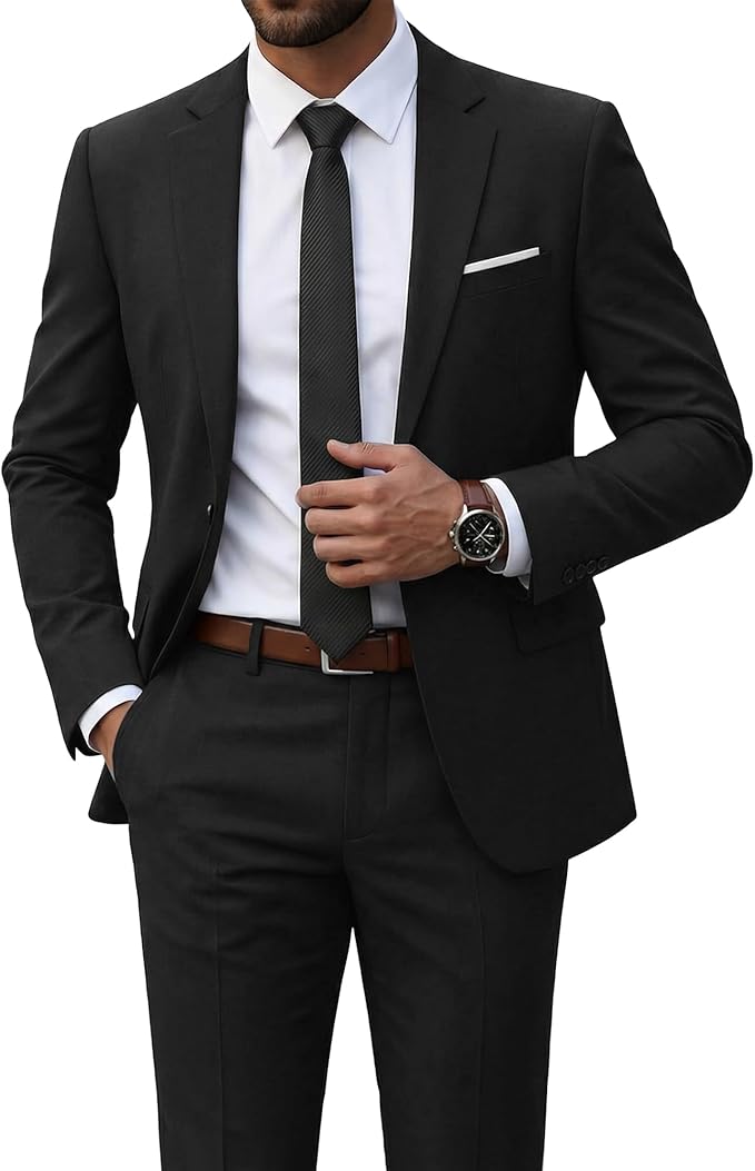Men's slim two-piece suit with notched lapel jacket and matching trousers