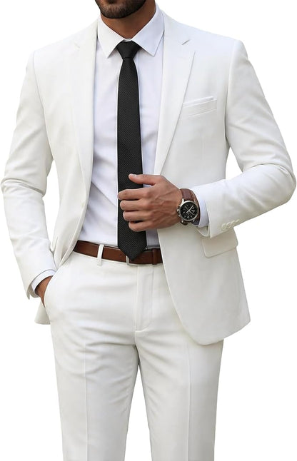 Men's slim two-piece suit with notched lapel jacket and matching trousers