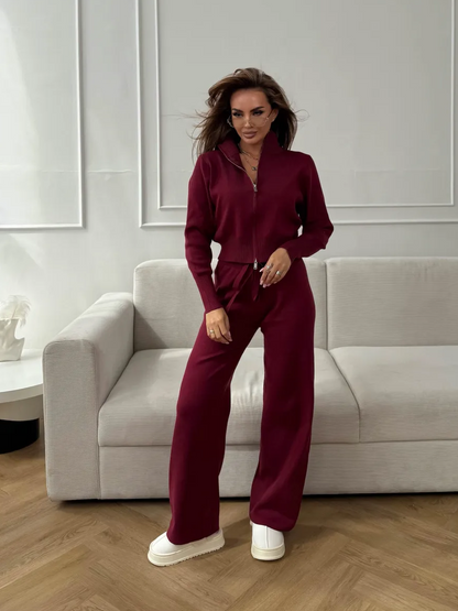 Woman wearing a two-piece knit sweater and wide-leg trouser set