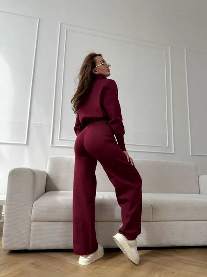 Woman wearing a two-piece knit sweater and wide-leg trouser set
