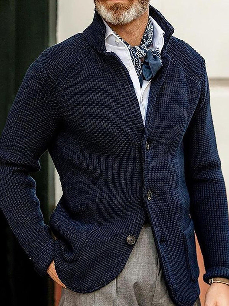 Men's textured knit cardigan with stand collar and buttons