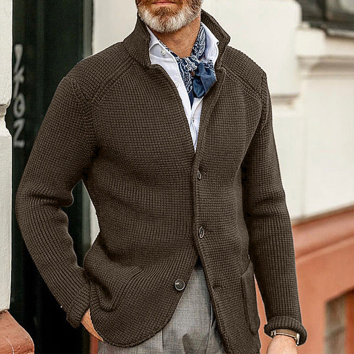 Men's textured knit cardigan with stand collar and buttons