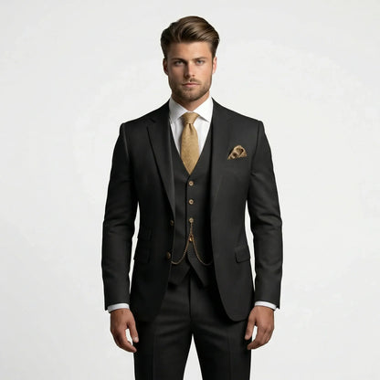 Men's three-piece slim fit suit with notched lapels, buttoned waistcoat and matching trousers