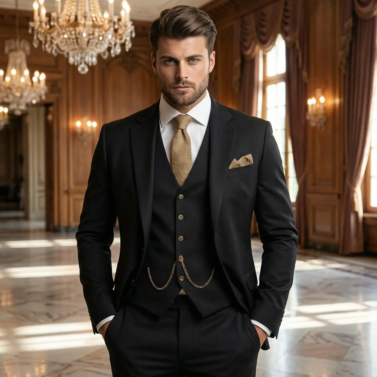 Men's three-piece slim fit suit with notched lapels, buttoned waistcoat and matching trousers