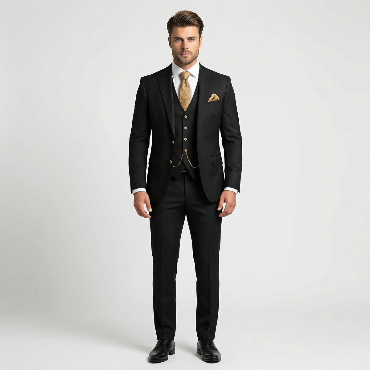 Men's three-piece slim fit suit with notched lapels, buttoned waistcoat and matching trousers
