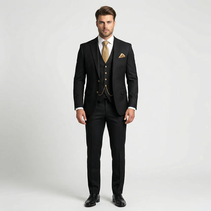 Men's three-piece slim fit suit with notched lapels, buttoned waistcoat and matching trousers