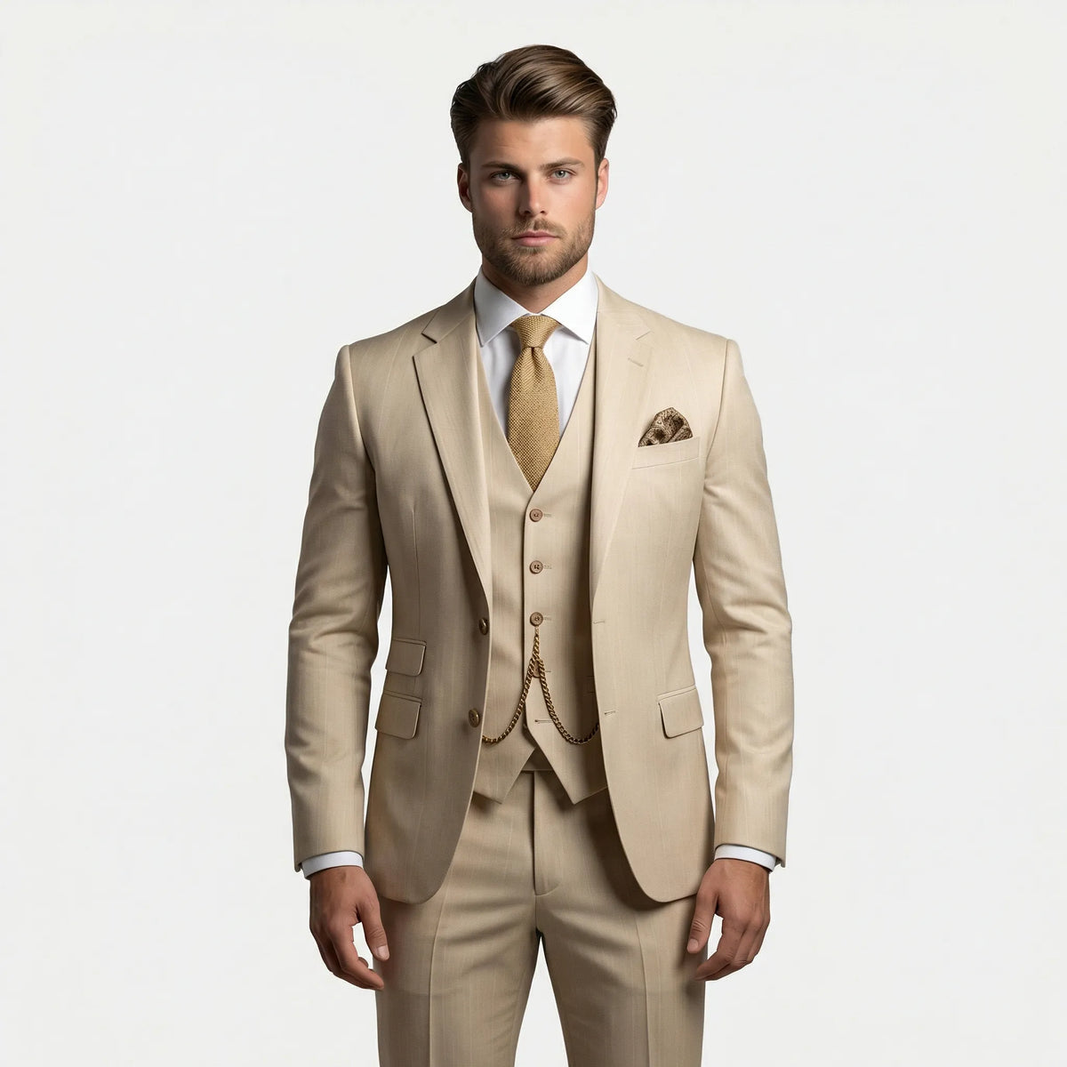 Men's three-piece slim fit suit with notched lapels, buttoned waistcoat and matching trousers