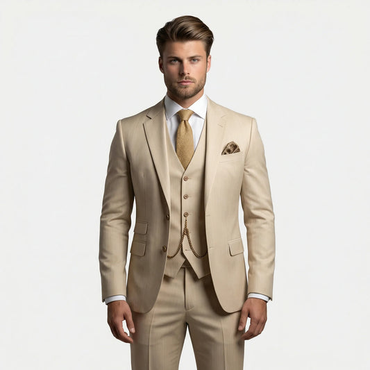 Costume trois pièces homme coupe ajustée, revers crantés, devant boutonné