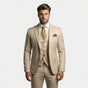 Men's three-piece slim fit suit with notched lapels, buttoned waistcoat and matching trousers