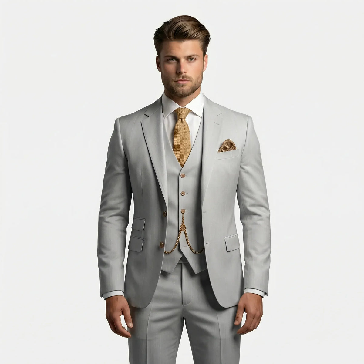Men's three-piece slim fit suit with notched lapels, buttoned waistcoat and matching trousers