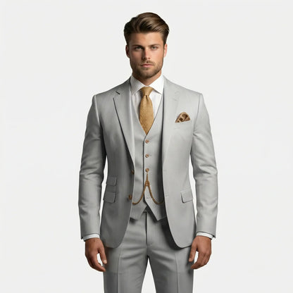 Men's three-piece slim fit suit with notched lapels, buttoned waistcoat and matching trousers