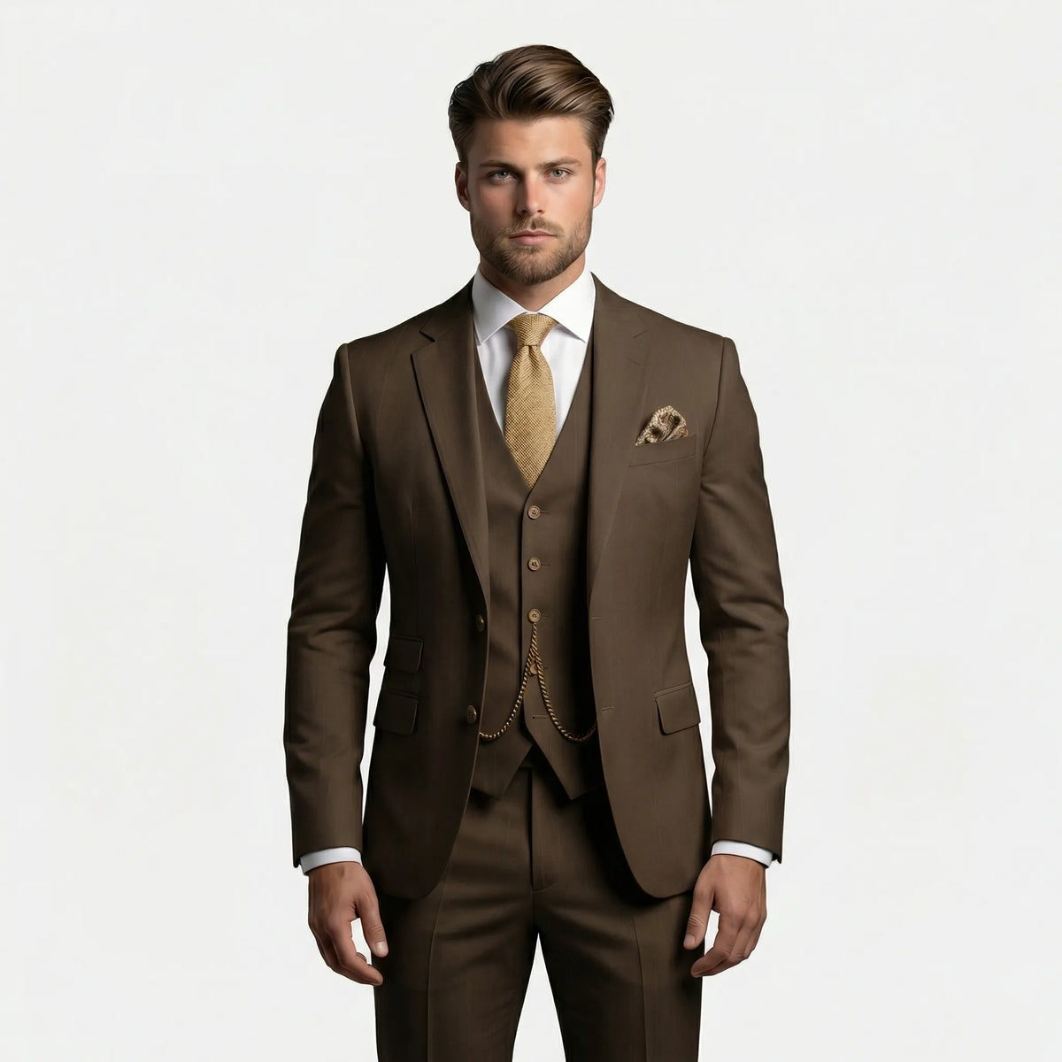 Men's three-piece slim fit suit with notched lapels, buttoned waistcoat and matching trousers
