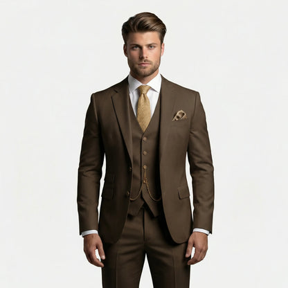 Men's three-piece slim fit suit with notched lapels, buttoned waistcoat and matching trousers