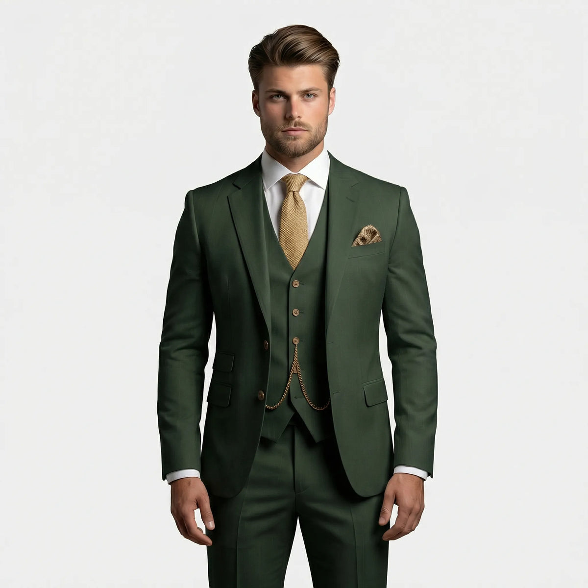 Men's three-piece slim fit suit with notched lapels, buttoned waistcoat and matching trousers