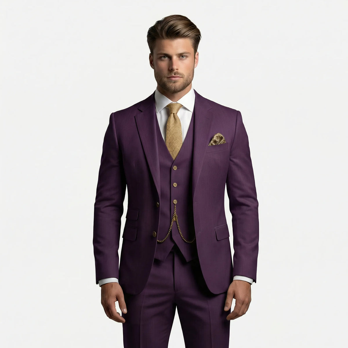 Men's three-piece slim fit suit with notched lapels, buttoned waistcoat and matching trousers
