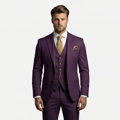 Men's three-piece slim fit suit with notched lapels, buttoned waistcoat and matching trousers