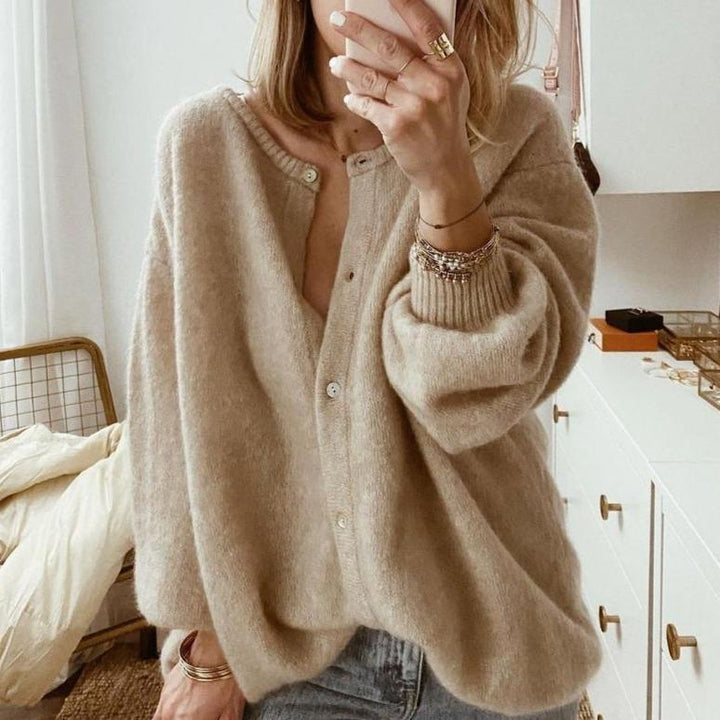 Women's beige button front knit cardigan