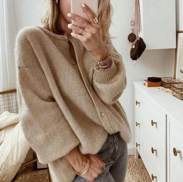 Women's beige button front knit cardigan