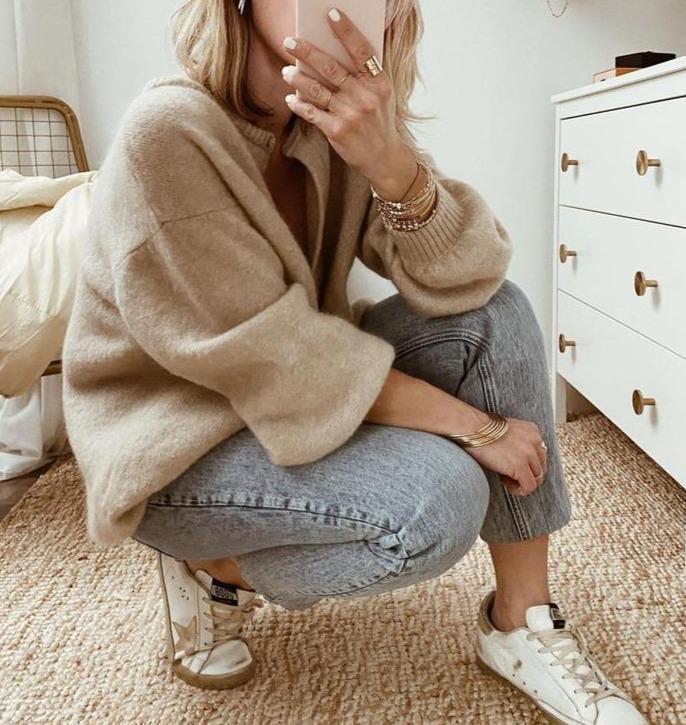 Women's beige button front knit cardigan