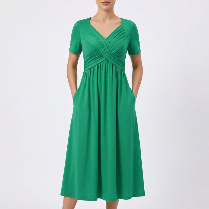 Women's V-Neck Midi Dress — Short-Sleeve Ruched-Bodice Flowy Summer Dress