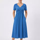 Women's V-Neck Midi Dress — Short-Sleeve Ruched-Bodice Flowy Summer Dress