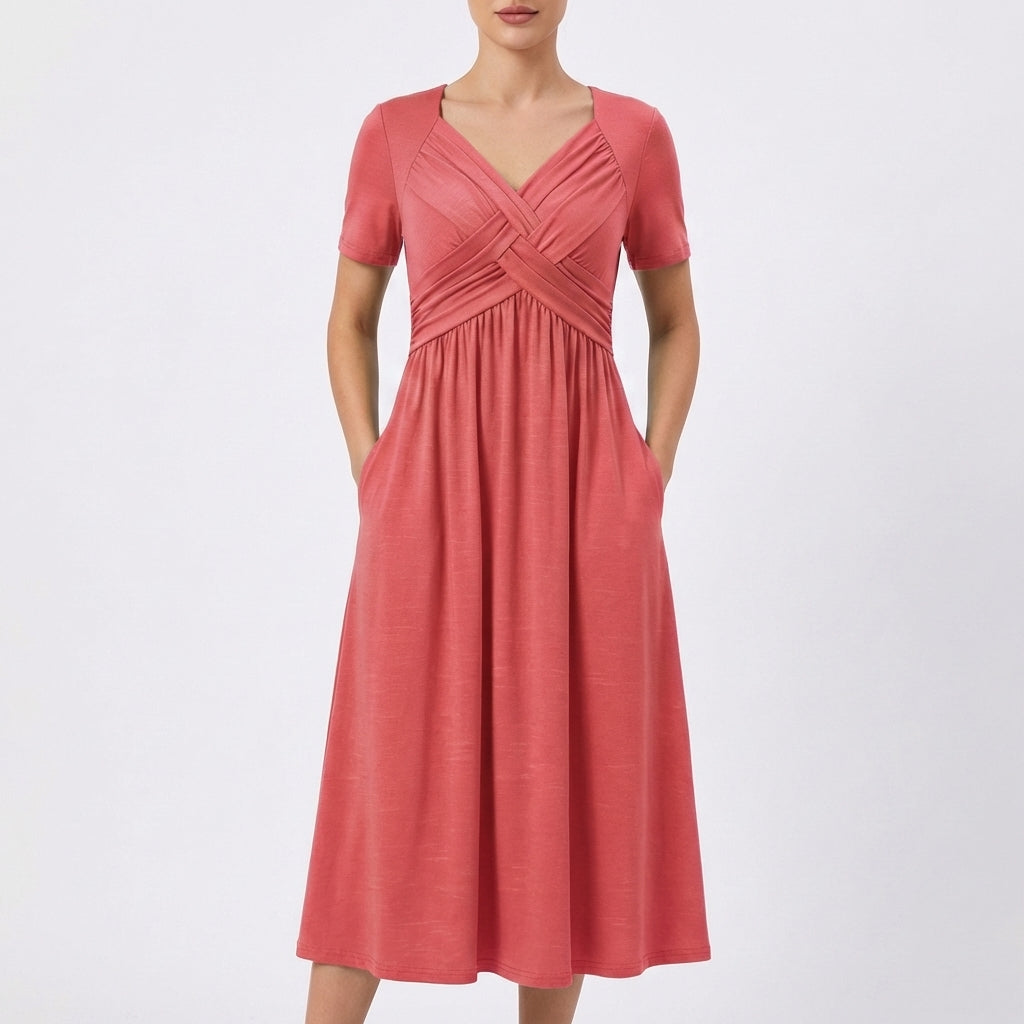 Women's V-Neck Midi Dress — Short-Sleeve Ruched-Bodice Flowy Summer Dress