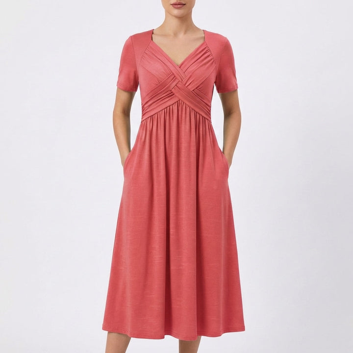 Women's V-Neck Midi Dress — Short-Sleeve Ruched-Bodice Flowy Summer Dress