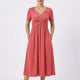 Women's V-Neck Midi Dress — Short-Sleeve Ruched-Bodice Flowy Summer Dress