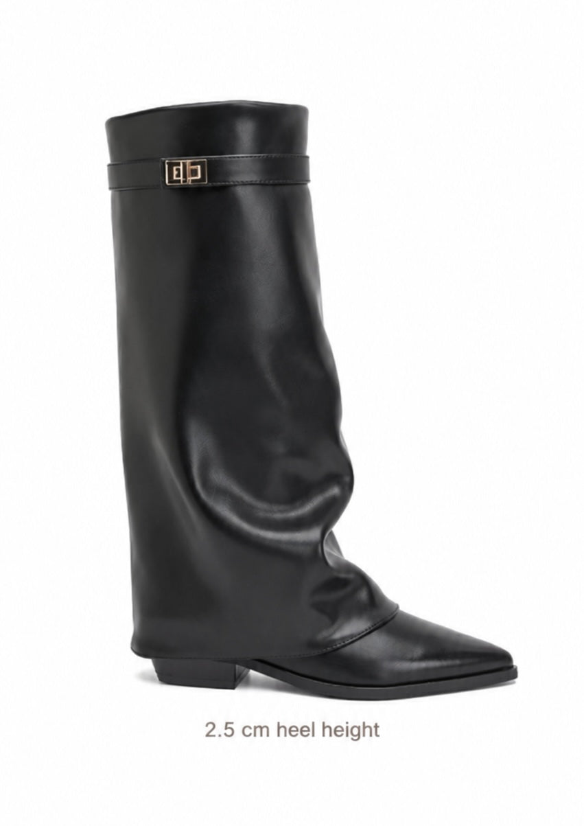 Women's black tall boots with low heel and buckle strap