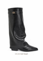 Women's black tall boots with low heel and buckle strap