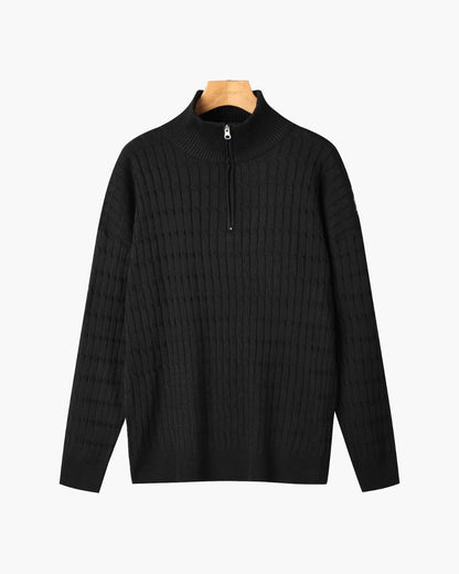 Half zip ribbed sweater in cream and black with crew neckline and long sleeves