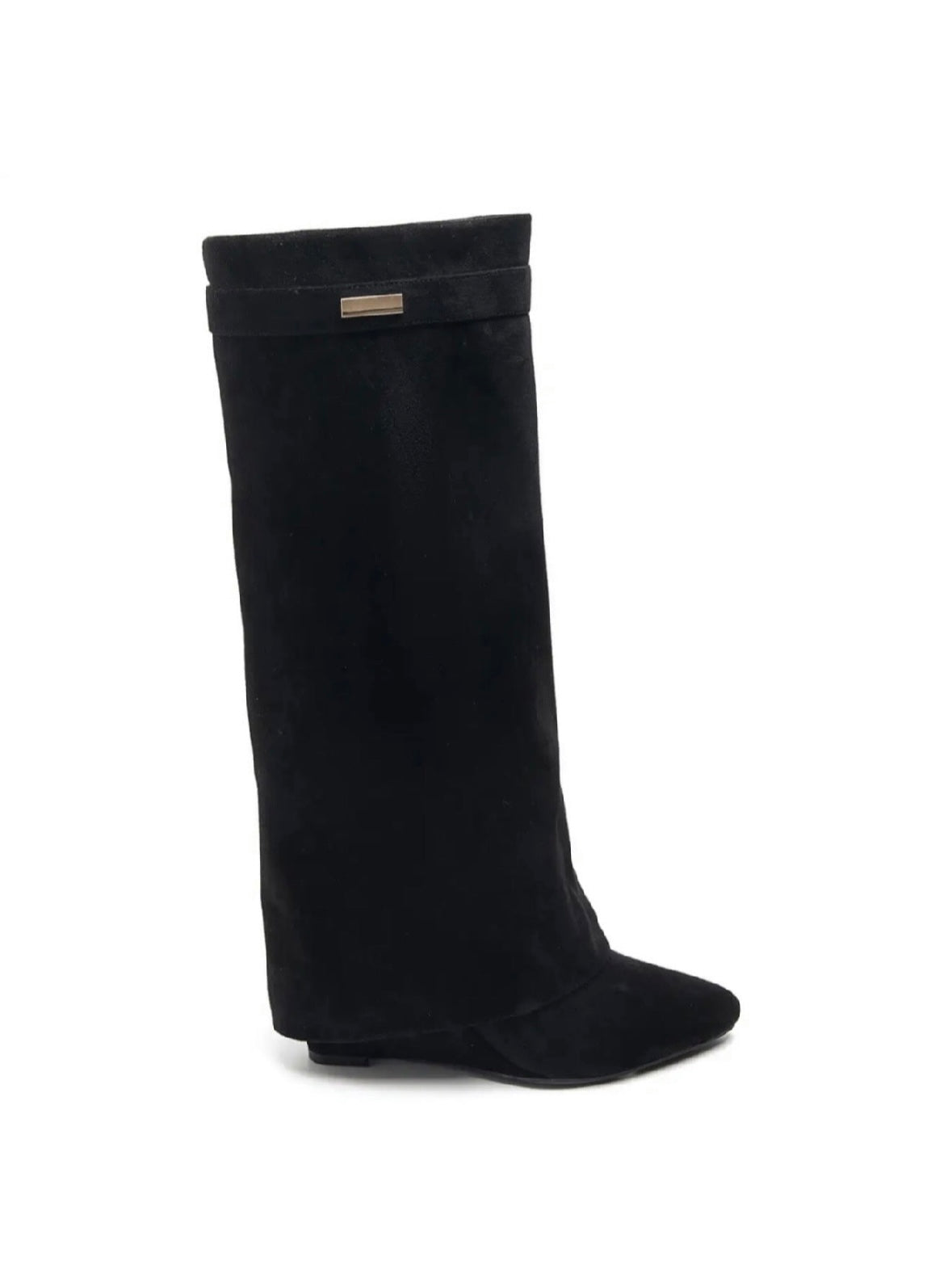 Women's black knee high boots with pointed toe and wedge heel