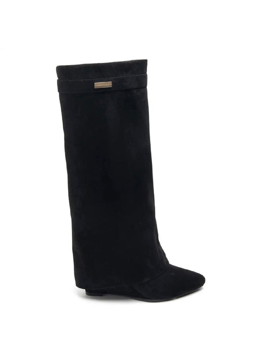 Women's black knee high boots with pointed toe and wedge heel