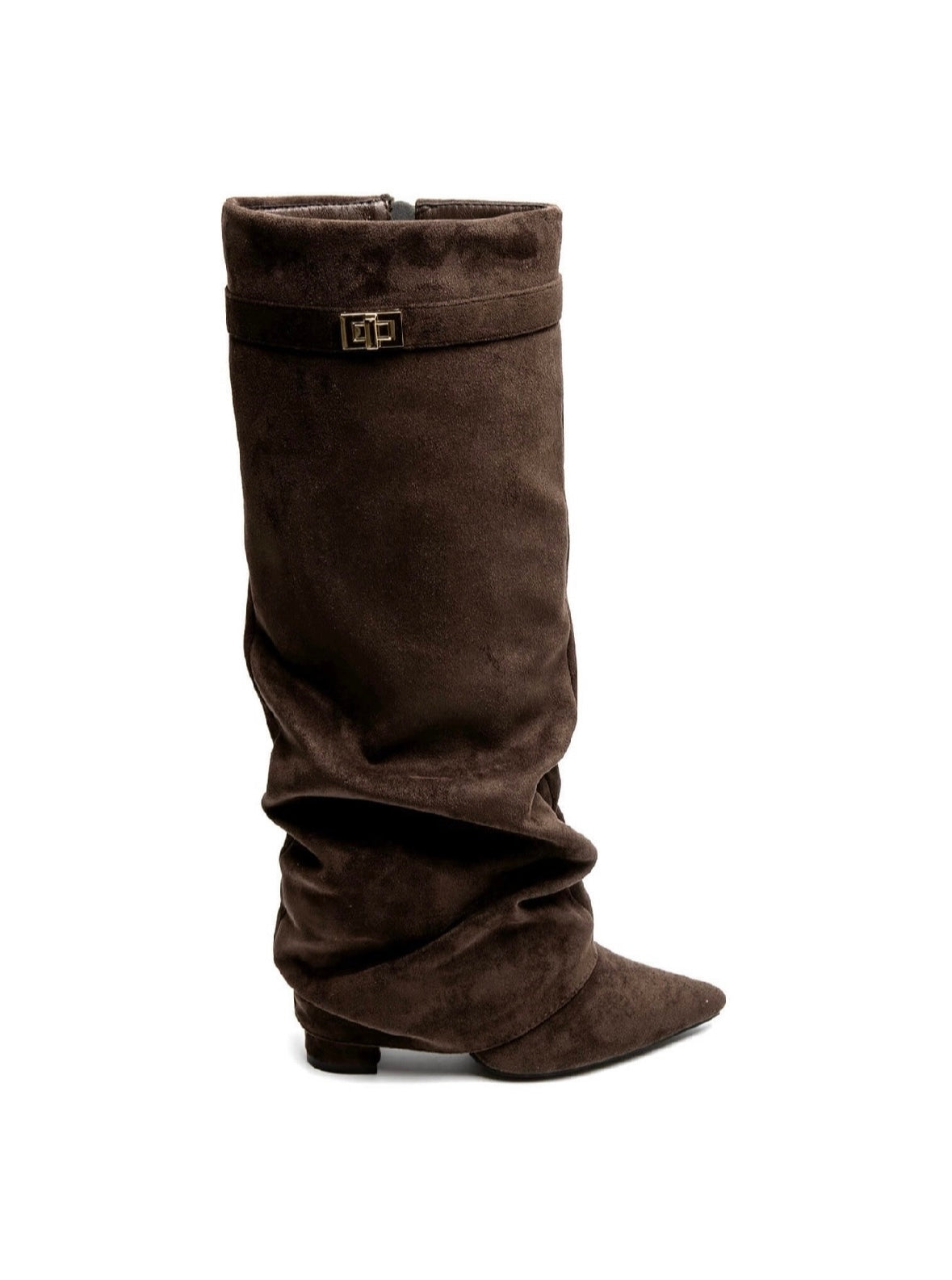 Brown women's slouch knee-high boots with pointed toes, low heels and buckle details