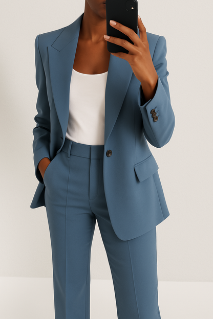Women's two-piece trouser suit with notch-lapel blazer and straight-leg trousers