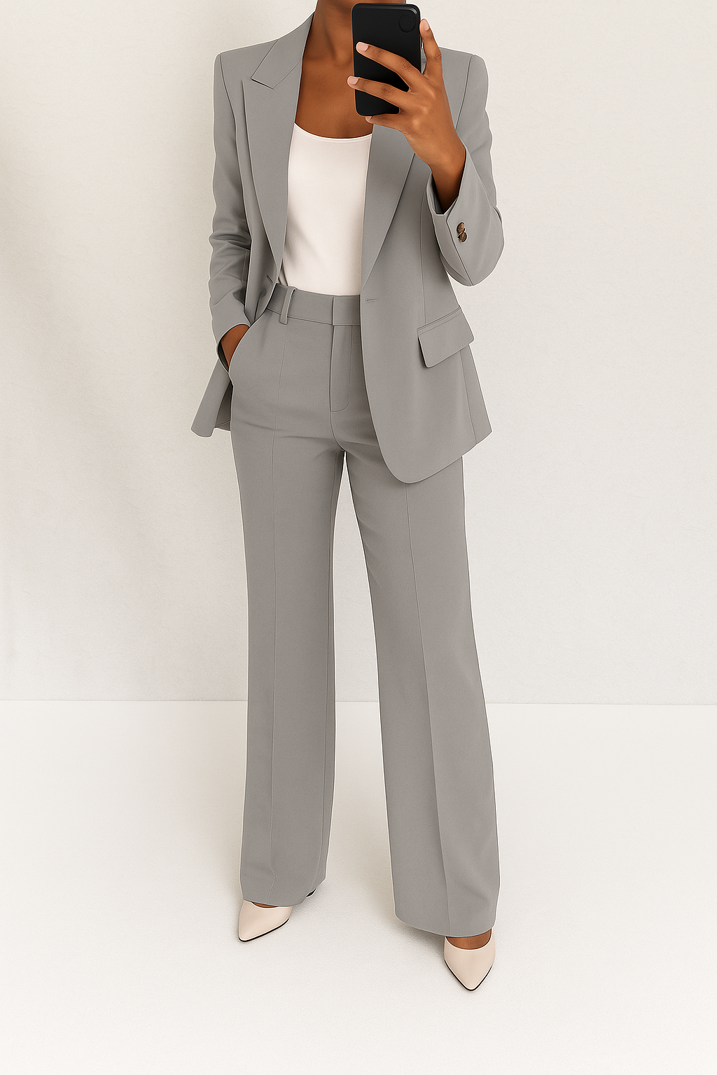 Women's two-piece trouser suit with notch-lapel blazer and straight-leg trousers