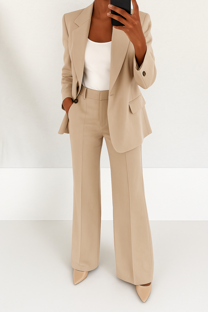 Women's two-piece trouser suit with notch-lapel blazer and straight-leg trousers