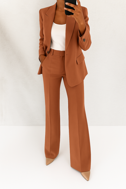 Women's two-piece trouser suit with notch-lapel blazer and straight-leg trousers