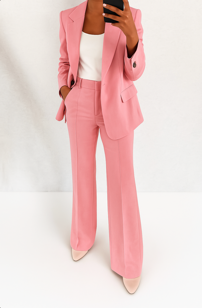 Women's two-piece trouser suit with notch-lapel blazer and straight-leg trousers