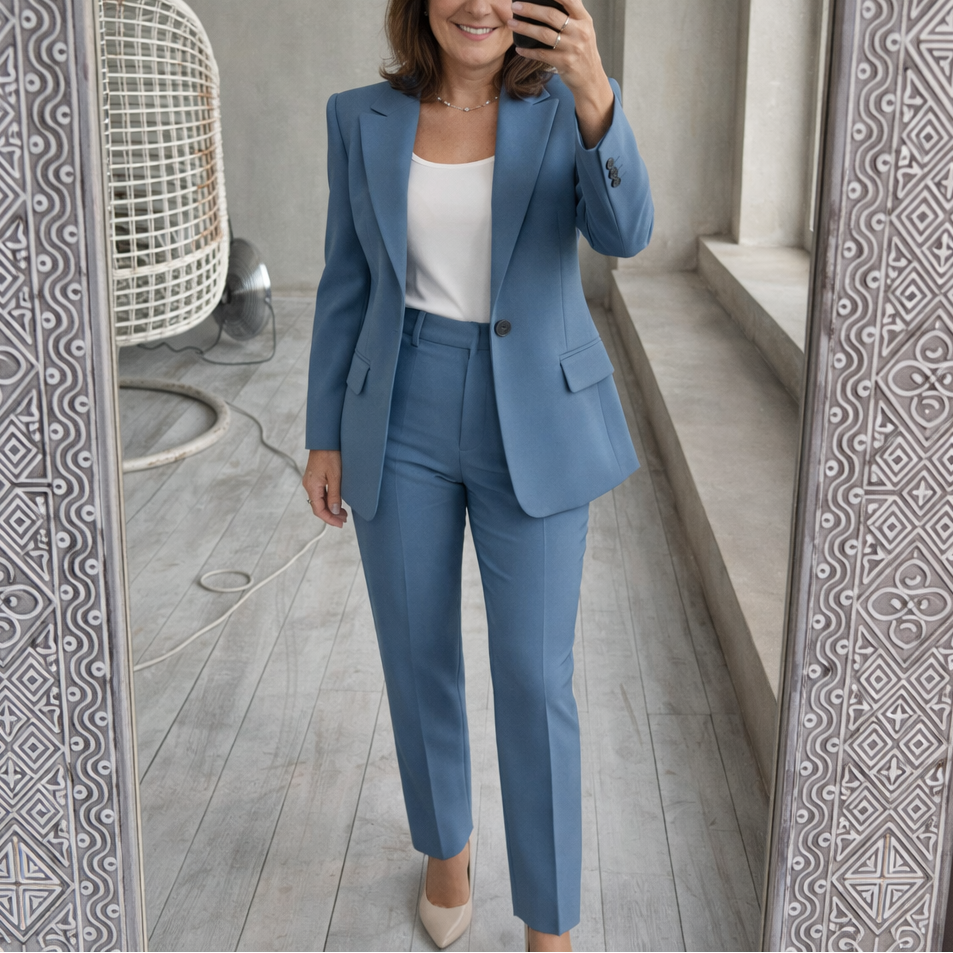 Women's two-piece trouser suit with notch-lapel blazer and straight-leg trousers