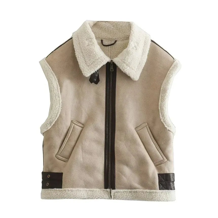 Women's sleeveless jacket with plush trim, turn-down collar and zip front