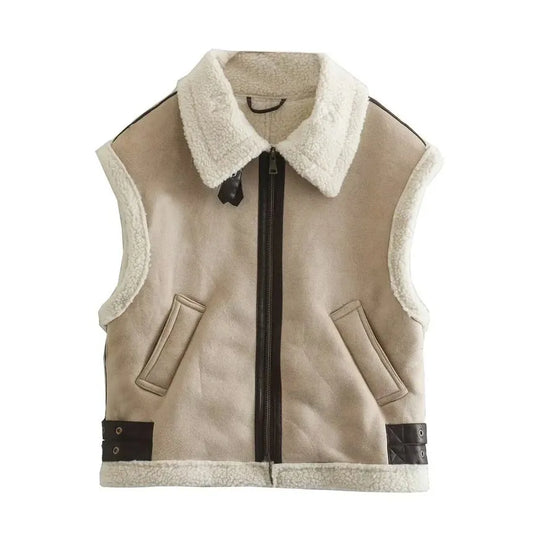 Women's sleeveless jacket with plush trim, turn-down collar and zip front