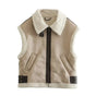 Women's sleeveless jacket with plush trim, turn-down collar and zip front