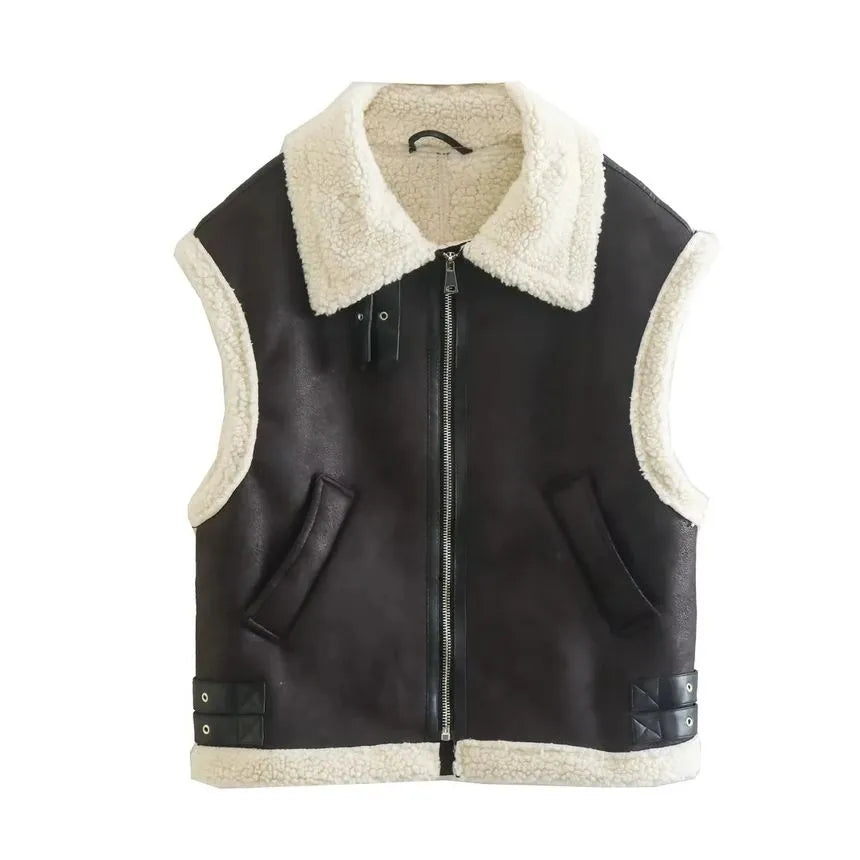 Women's sleeveless jacket with plush trim, turn-down collar and zip front