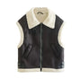 Women's sleeveless jacket with plush trim, turn-down collar and zip front