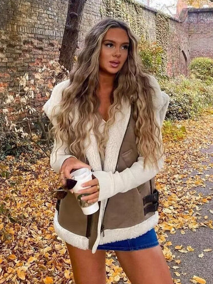 Women's sleeveless jacket with plush trim, turn-down collar and zip front