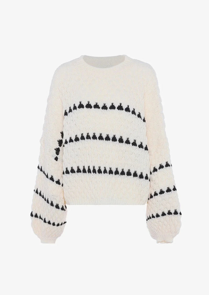 Women's textured crew neck sweater with contrasting geometric pattern