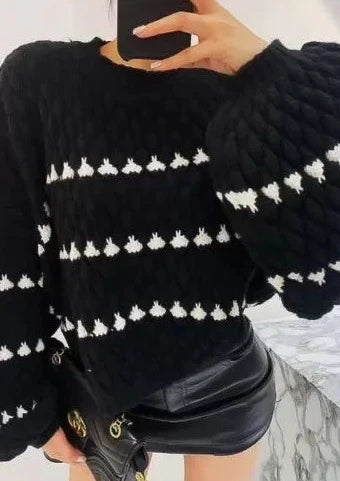 Women's textured crew neck sweater with contrasting geometric pattern