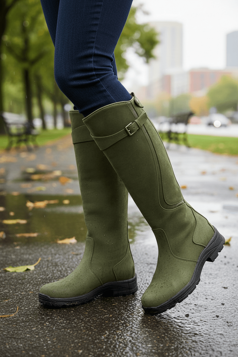 Women's knee-high boots with buckle strap and low heel